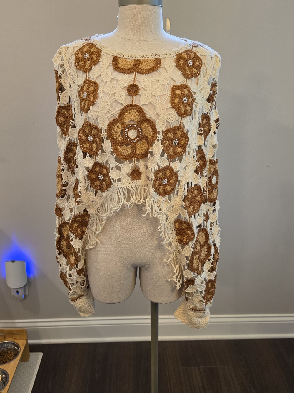 Crochet Floral Fringe Poncho Sweater - Cream & Brown